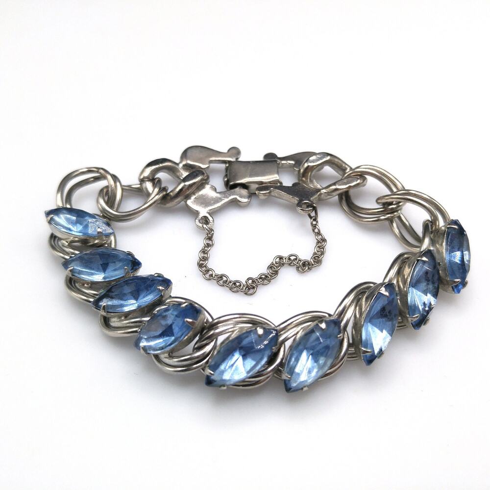 Light Vintage Blue Rhinestone Bracelet, Silver Tone Heavy Chain, 1950s